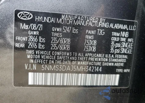2021 Hyundai Santa Fe Sel z USA, uszkodzony, nr VIN 5NMS3DAJ5MH342144
